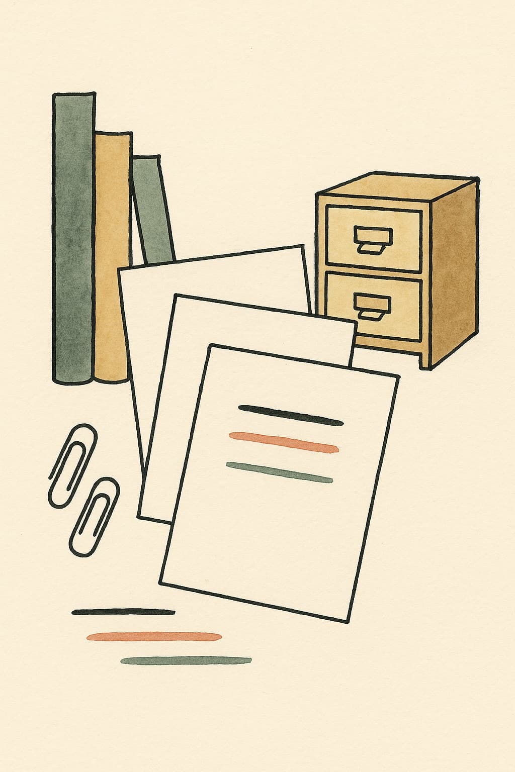 Editorial illustration of archive cards and books