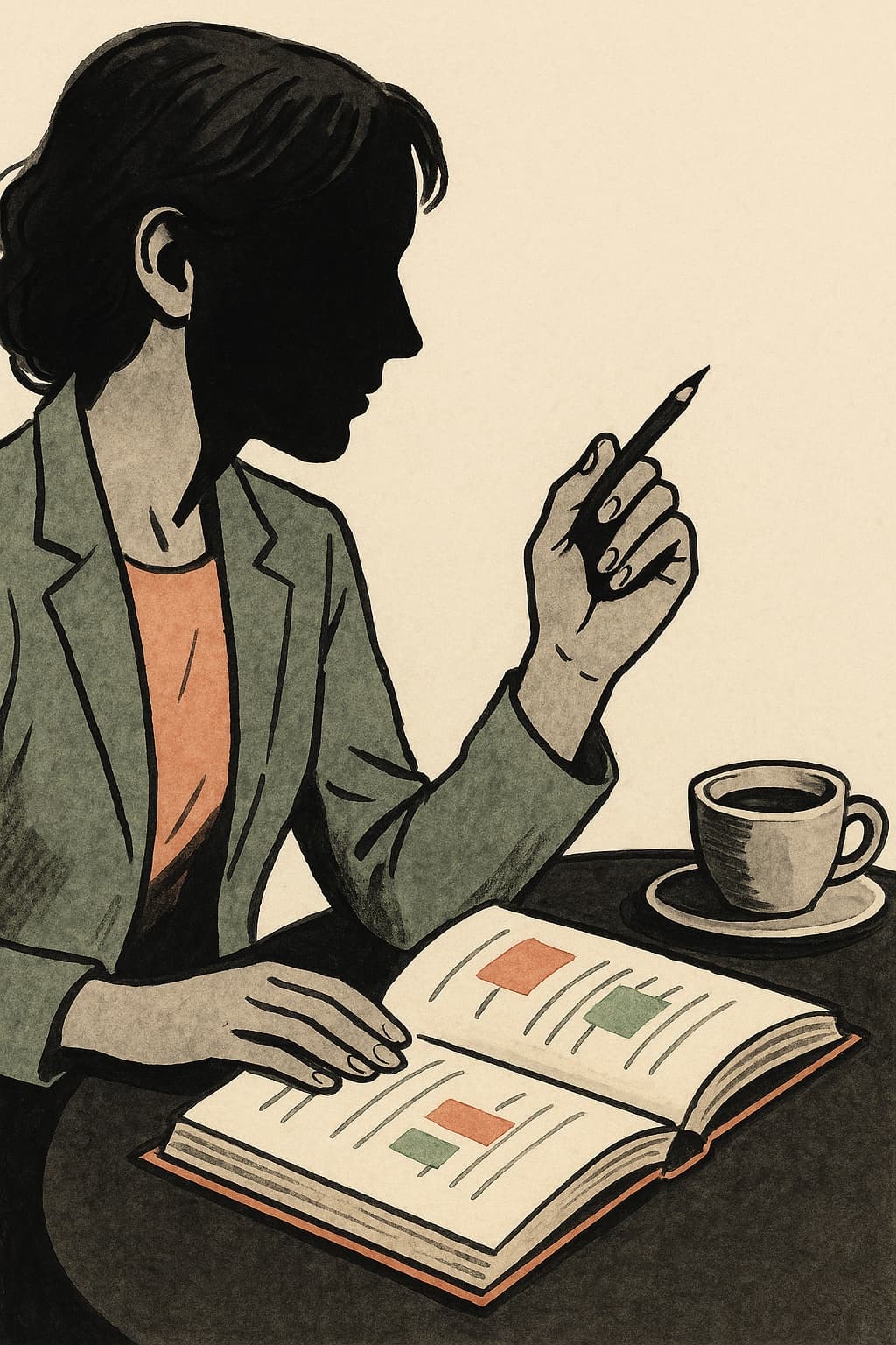 Editorial illustration of a reader at a cafe table